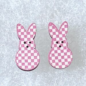 Pink & White Checkered Peep Easter Bunny Bunnies Wooden Stud Earrings